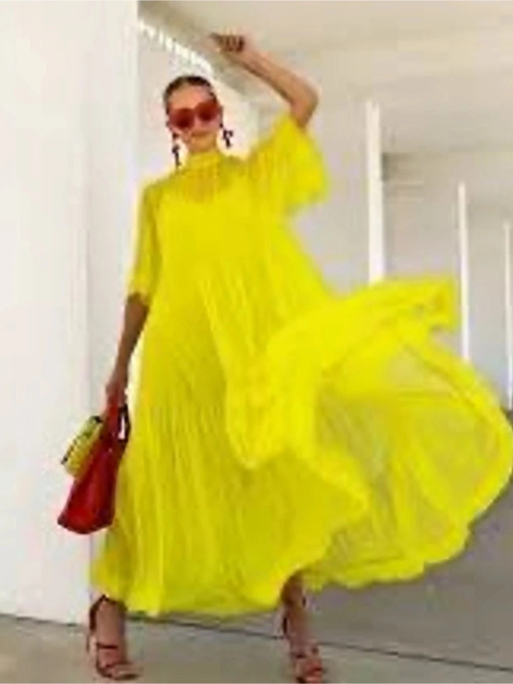 H&M Neon Lime Green Sheer Tiered Maxi Dress w/ Slip Size L - Picture 2 of 9